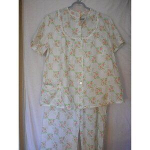 Vintage Womans Floral PJ Pajama Set Lounge pants Smock Top Pink Green white